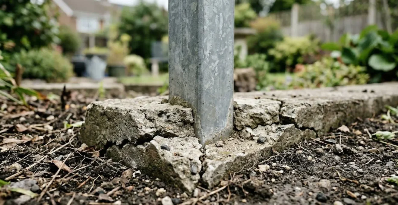 Base de poteau métallique avec béton fissuré visible au niveau du sol
