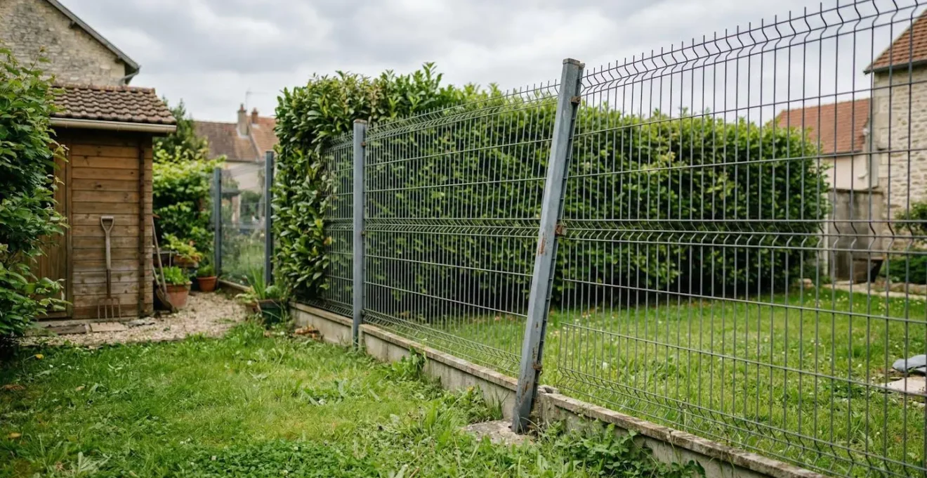 Clôture rigide avec poteau penché dans jardin résidentiel français