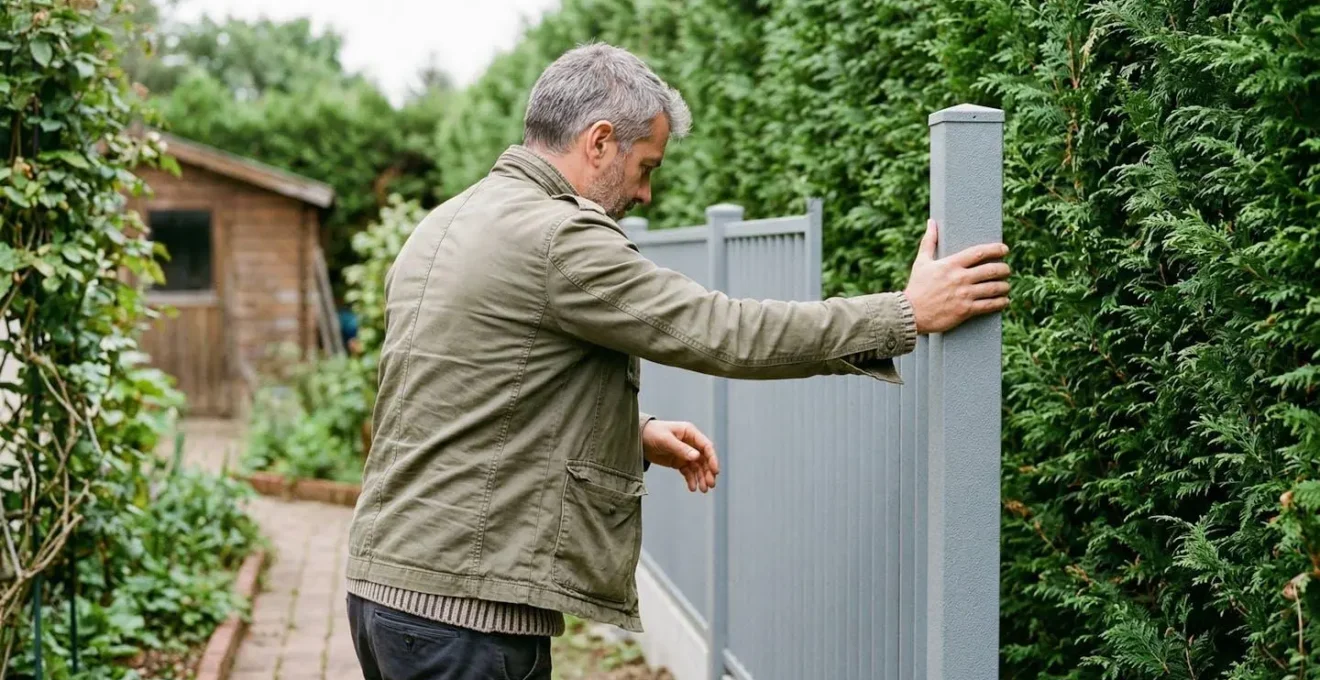 Homme testant la stabilité d'un poteau de clôture rigide dans un jardin