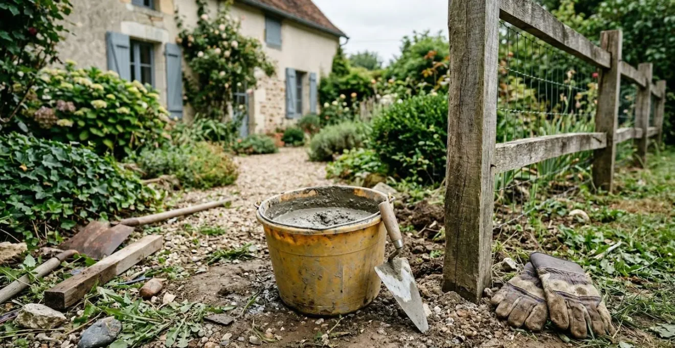 Seau de béton frais avec truelle et gants près d'un poteau de clôture