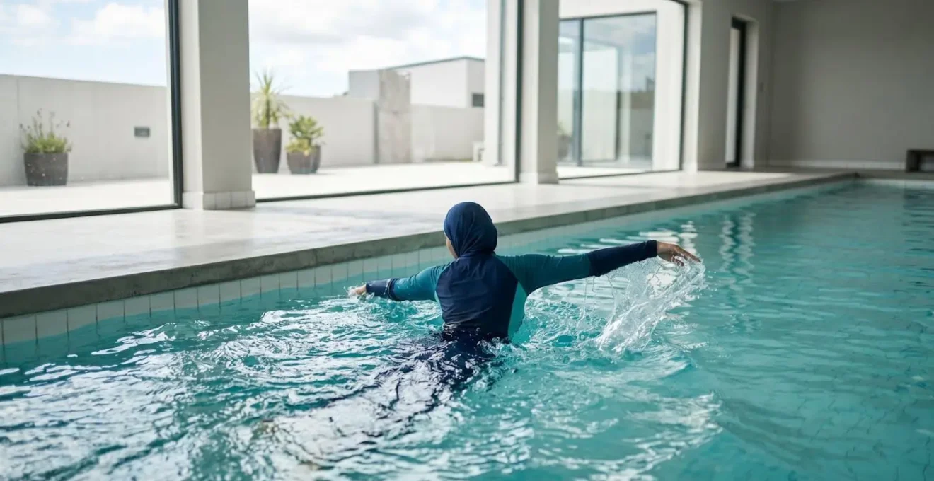 Une femme en burkini moderne vue de dos effectue un mouvement de brasse dans une piscine lumineuse aux lignes contemporaines
