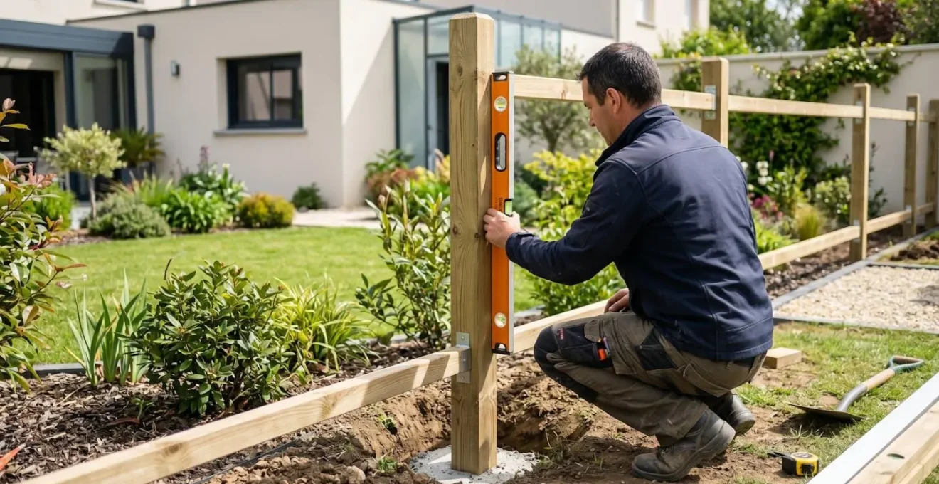 Un homme de dos vérifie l'alignement vertical d'un poteau de clôture avec un niveau à bulle dans un jardin résidentiel moderne