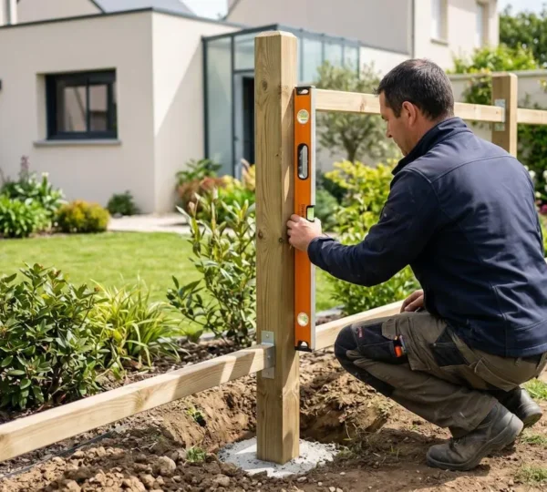 Un homme de dos vérifie l'alignement vertical d'un poteau de clôture avec un niveau à bulle dans un jardin résidentiel moderne