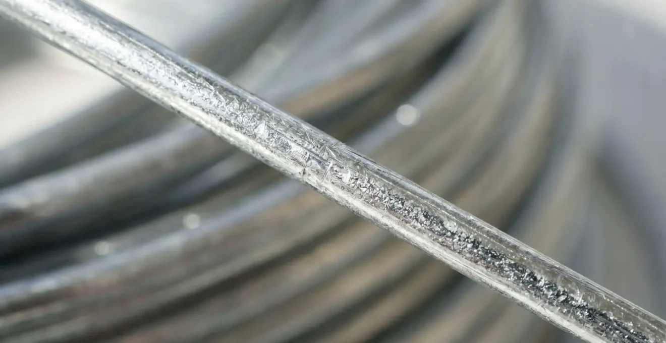 Gros plan extrême sur la texture d'un fil d'acier galvanisé avec reflets métalliques argentés du revêtement de zinc