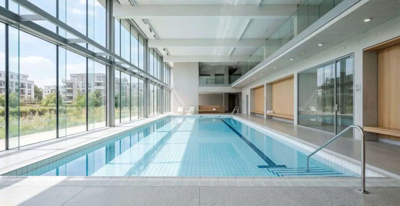 Vue grand angle d'une piscine municipale moderne vide avec de grandes baies vitrées laissant entrer la lumière naturelle
