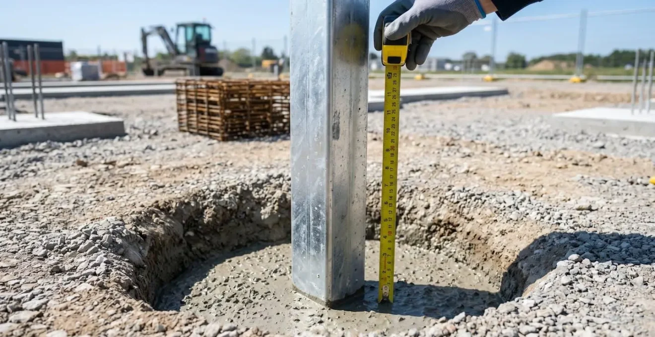 Vue rapprochée d'un poteau de clôture métallique enfoncé dans un trou de scellement béton, profondeur visible avec repères de mesure