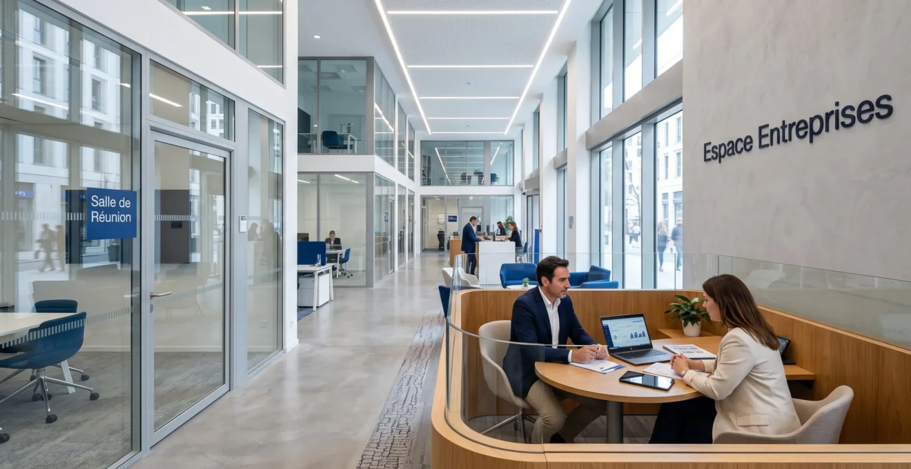 Espace conseil professionnel moderne dans une agence bancaire avec mobilier contemporain et espaces de réunion vitrés