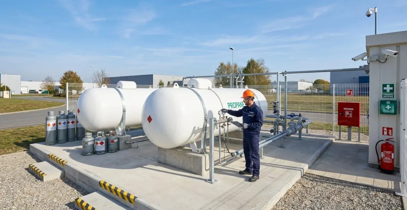 Installation professionnelle de citerne propane avec technicien effectuant une maintenance de routine sur site industriel