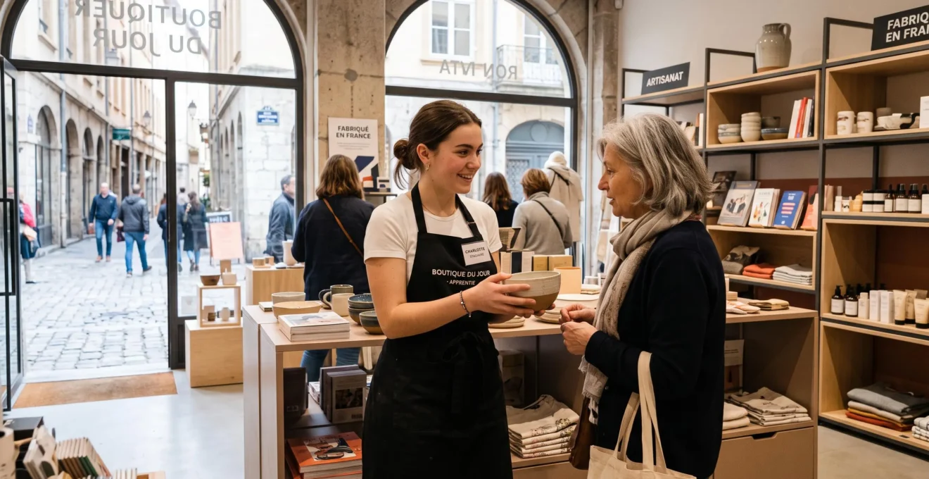Jeune alternant en action dans un magasin contemporain, conseillant activement une cliente devant un présentoir de produits organisé