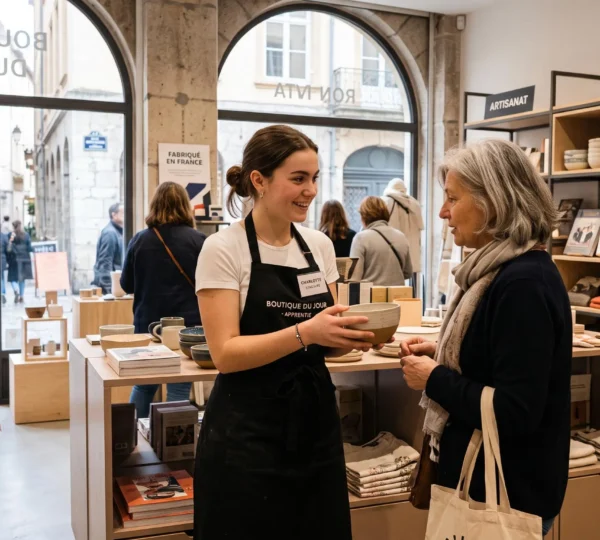 Jeune alternant en action dans un magasin contemporain, conseillant activement une cliente devant un présentoir de produits organisé