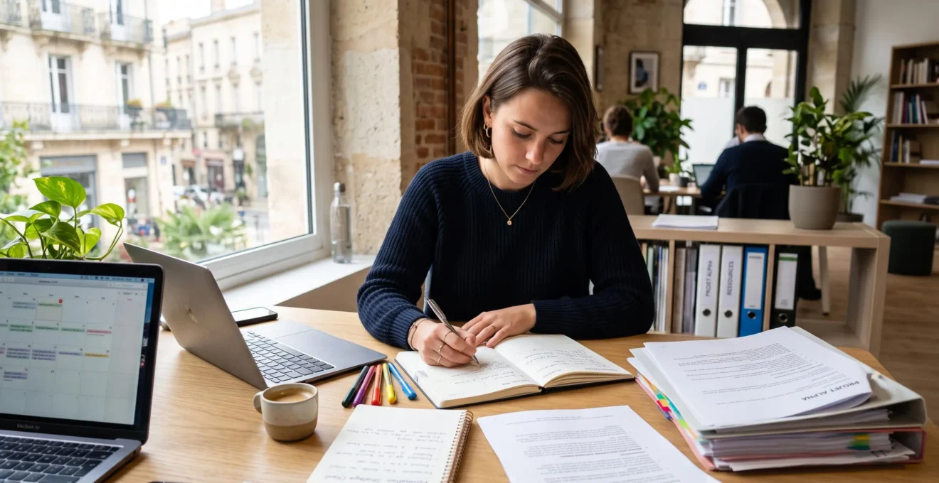Jeune professionnel organisant sa planification hebdomadaire avec documents de formation et outils de travail sur un bureau moderne