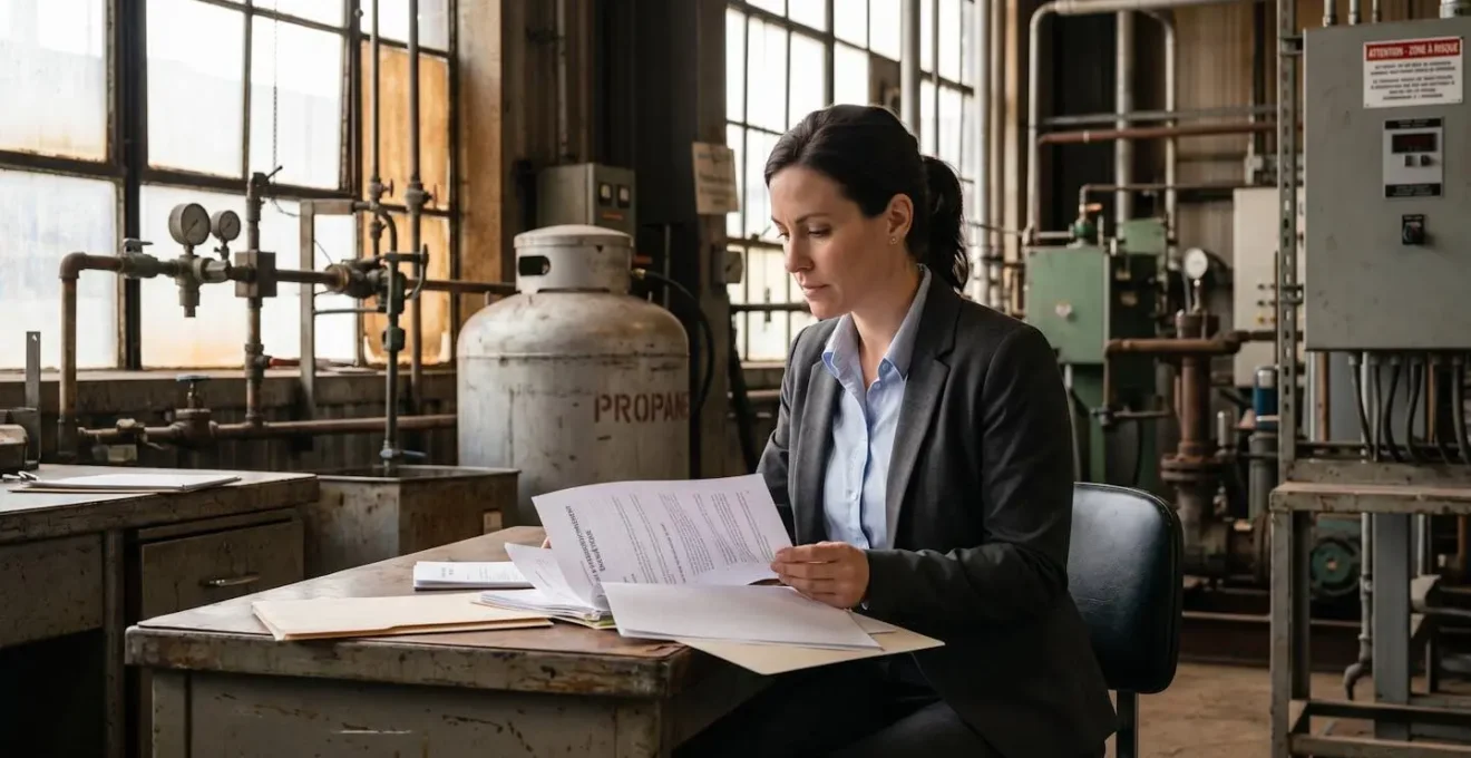 Responsable d'entreprise étudiant des contrats énergétiques dans un environnement industriel avec équipements gaz en arrière-plan