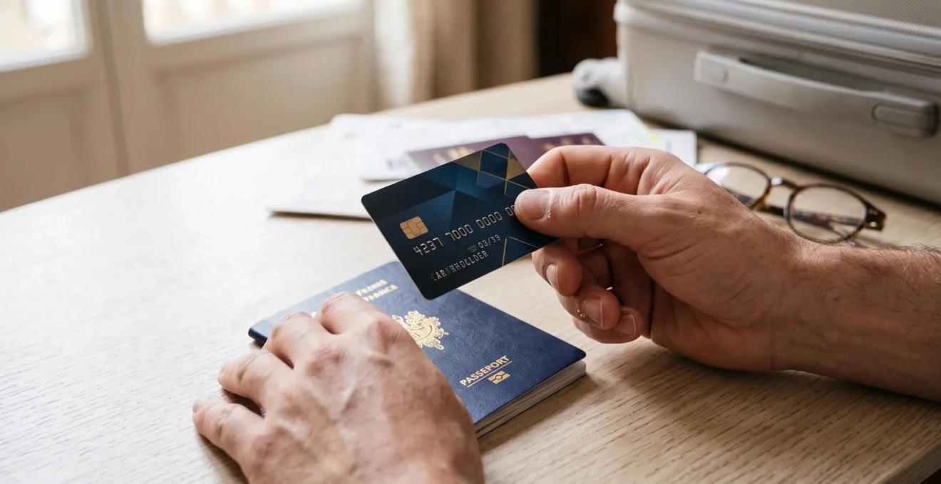 Gros plan sur une carte bancaire premium tenue en main avec un passeport français en arrière-plan