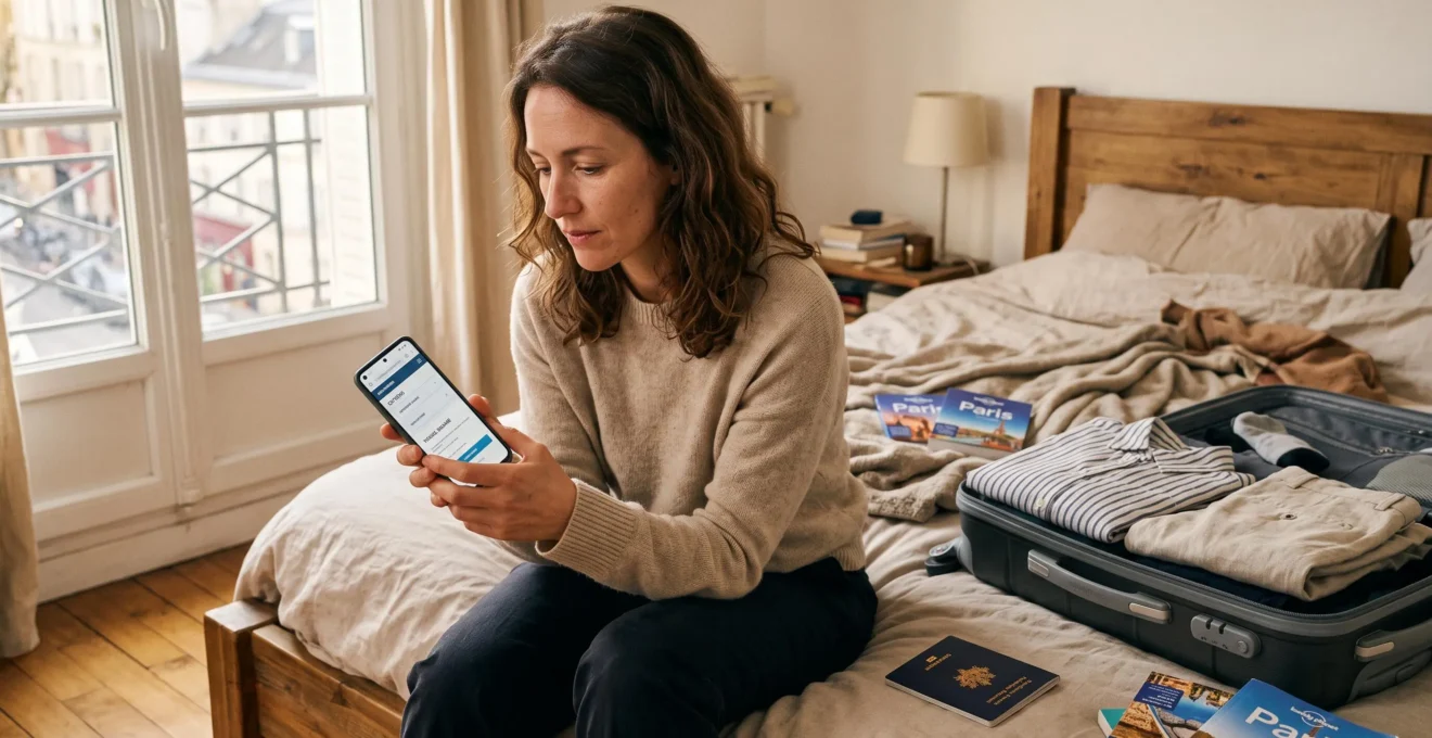 Femme consultant des options d'assurance voyage sur son smartphone pendant la préparation de son départ