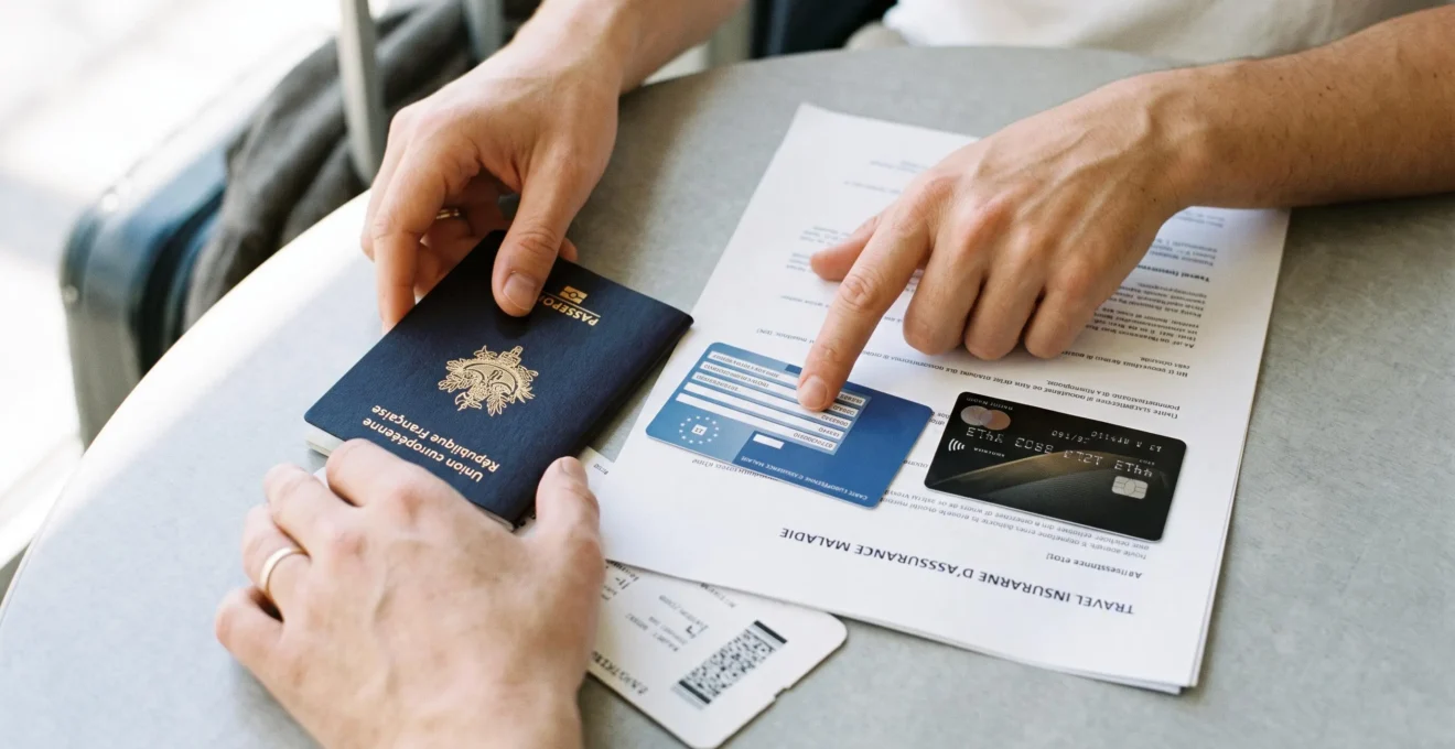 Voyageur vérifiant ses documents de protection voyage incluant passeport, carte européenne d'assurance maladie et attestation d'assurance