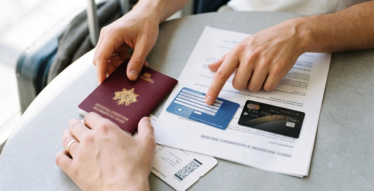 Voyageur vérifiant ses documents de protection voyage incluant passeport, carte européenne d'assurance maladie et attestation d'assurance