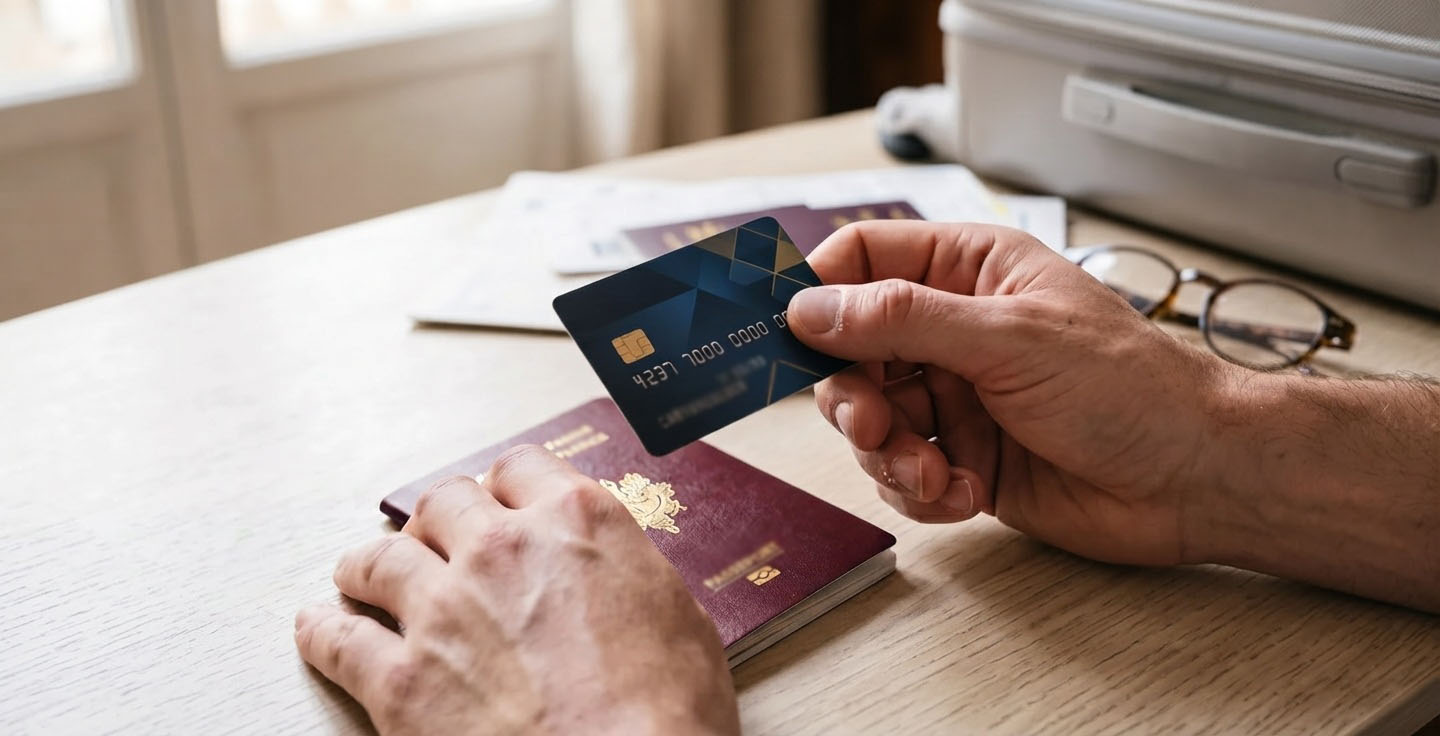Gros plan sur une carte bancaire premium tenue en main avec un passeport français en arrière-plan