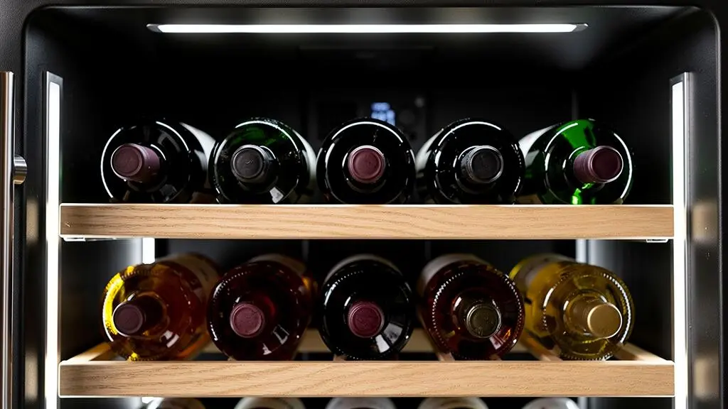Vue intérieure d'une cave à vin montrant les clayettes en bois et les bouteilles rangées horizontalement